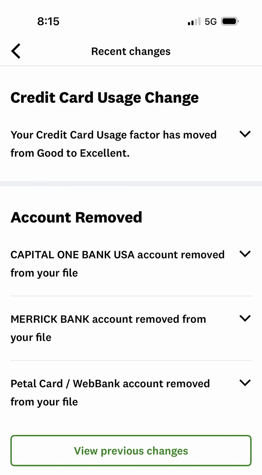 Credit Karma showing card usage moved to Excellent and three accounts removed