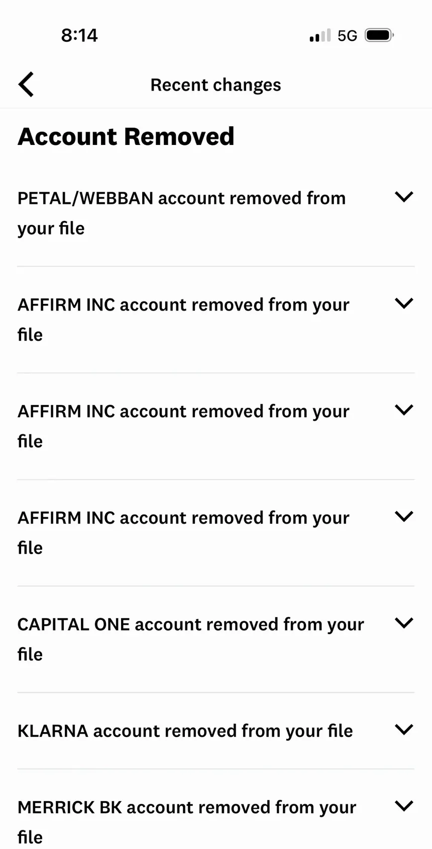 Credit Karma recent changes listing seven accounts removed