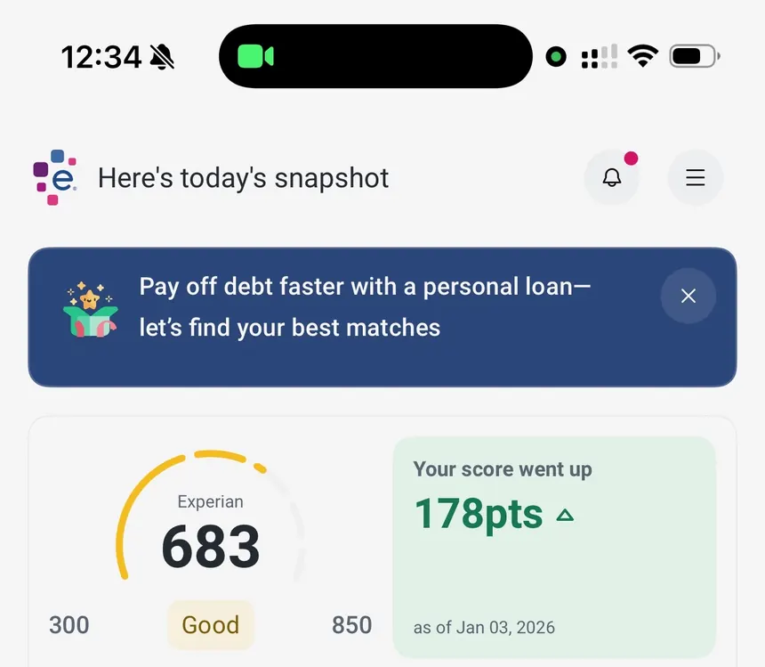 Experian app showing a 683 score, up 178 points