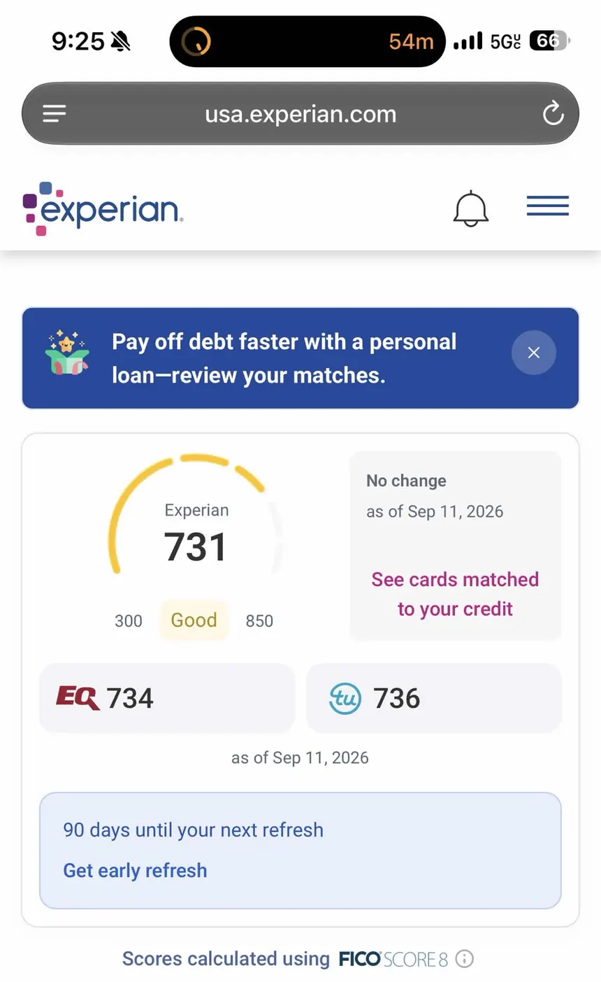Experian dashboard showing all three bureaus in the 730s