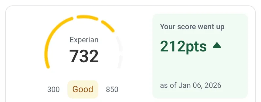 Client screenshot: Experian 732 +212 pts