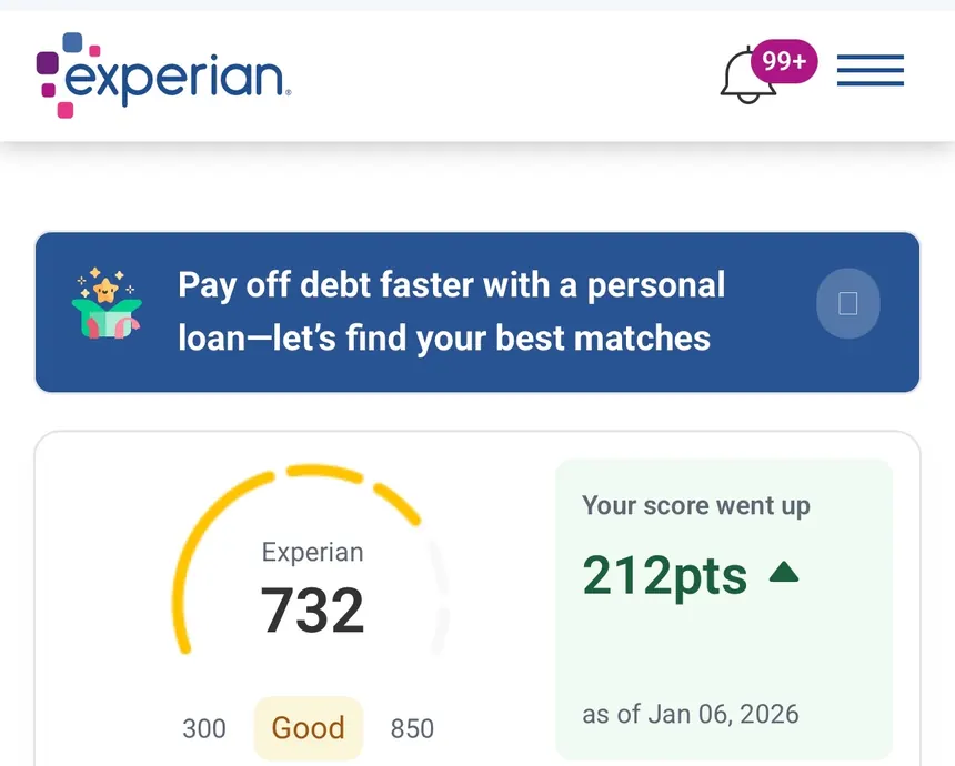 Experian app showing a 732 score, up 212 points
