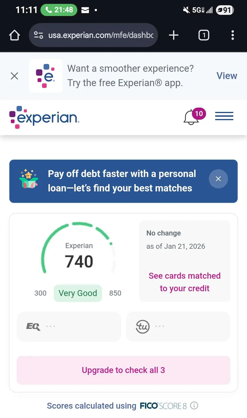 Experian dashboard showing a 740 score