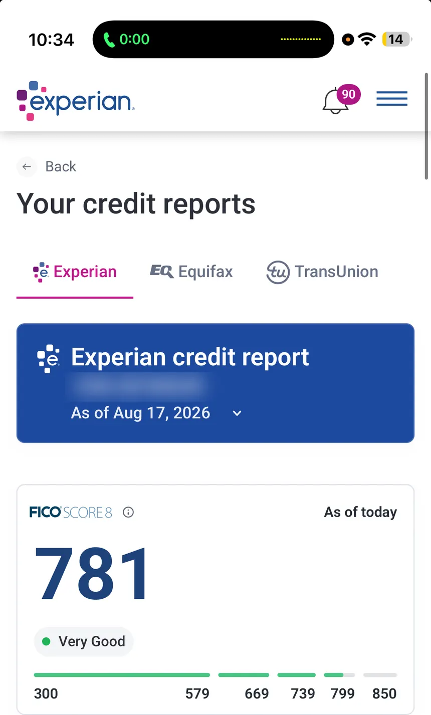 Experian credit report showing a 781 score