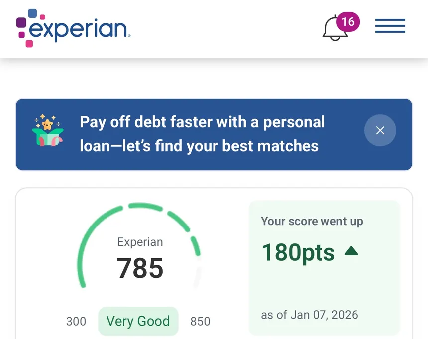 Experian app showing a 785 score, up 180 points