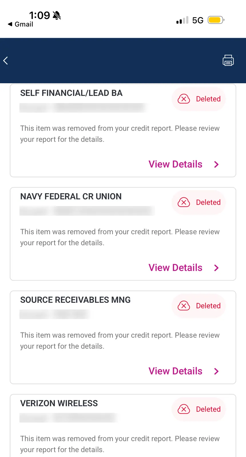 Experian list showing four accounts marked Deleted