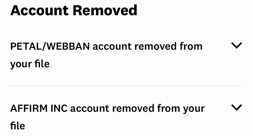 Client screenshot: Petal, Affirm removed