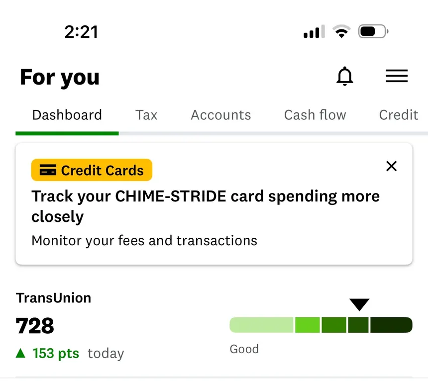 Credit Karma showing TransUnion 728, up 153 points